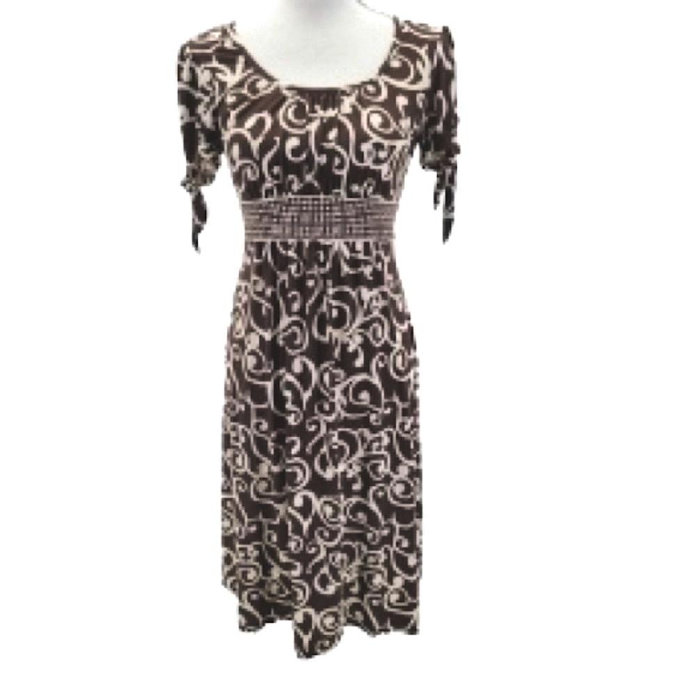 MERONA Flowy A line Brown with White Swirls Wrinkle Resistant Dress Womens Large